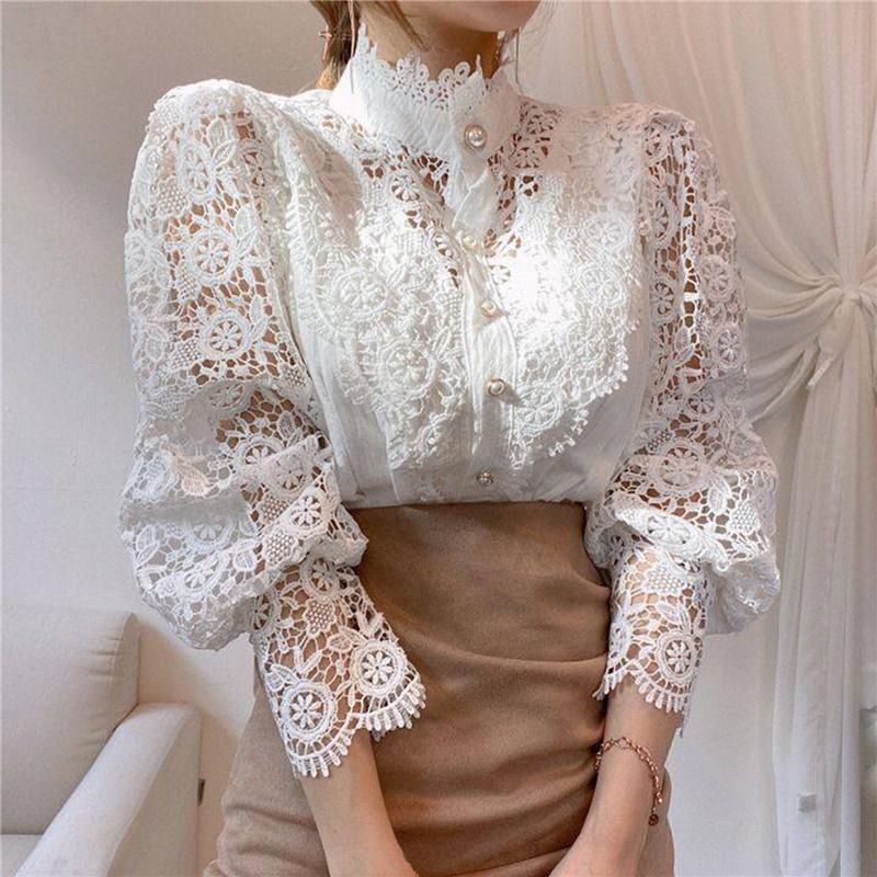 Women's Blouses & Shirts White Women Cut Out Meah Summer 2021 Collared Shirt Woman Button Up Casual Long Sleeve Top