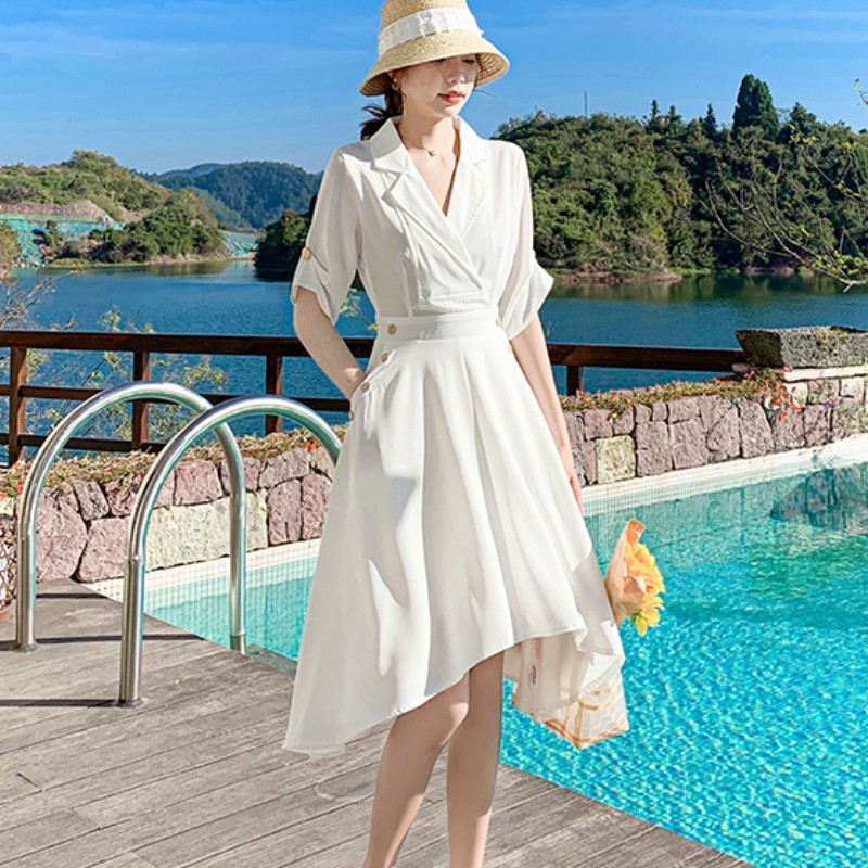 Spring Summer Women Dress White Notched Collar Half Sleeve Vestidos High Waist Knee-Length Chiffon Robe 210519