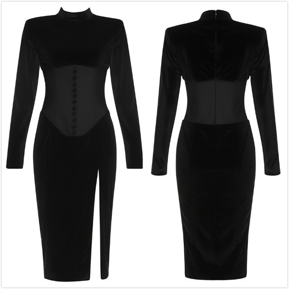 Free Women's Velvet Bandage Midi Dress Sexy Stand Collar Long Sleeve Bodycon Split Club Party Vestidos 210524
