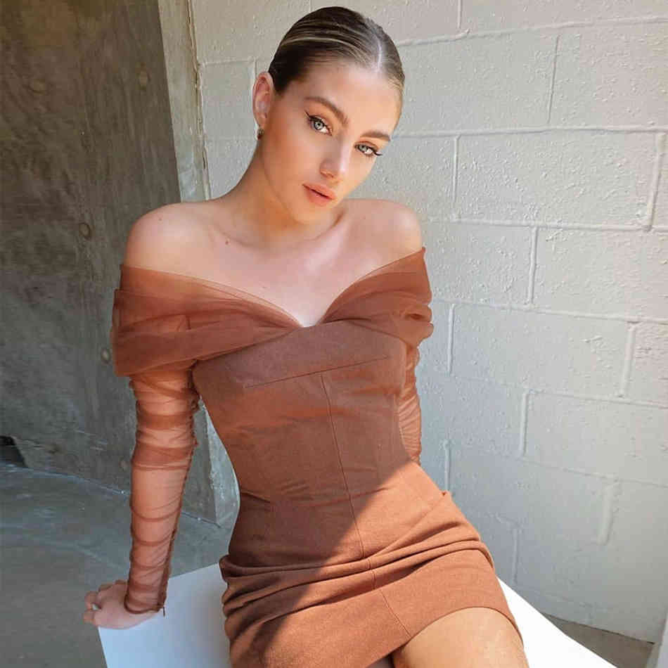 Winter Women Fashion Off Shoulder Lace Long Sleeve Mini Dress Sexy Mesh Club Celebrity Evening Runway Party 210423