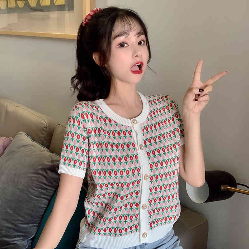 Lucyever Summer women fashion printing O-Neck sweater Casual elastic single-breasted shirt woman Sweet loose Knitted shirt lady 210521