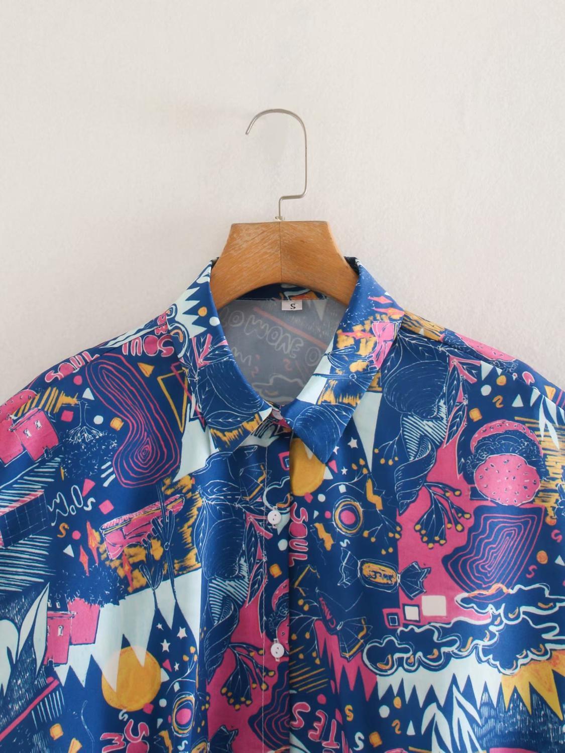 Fun Printed Short-sleeved Lapel Harajuku Short Single-breasted Women's Shirt Summer Style Graffiti Bow Chic Female Tops 210507