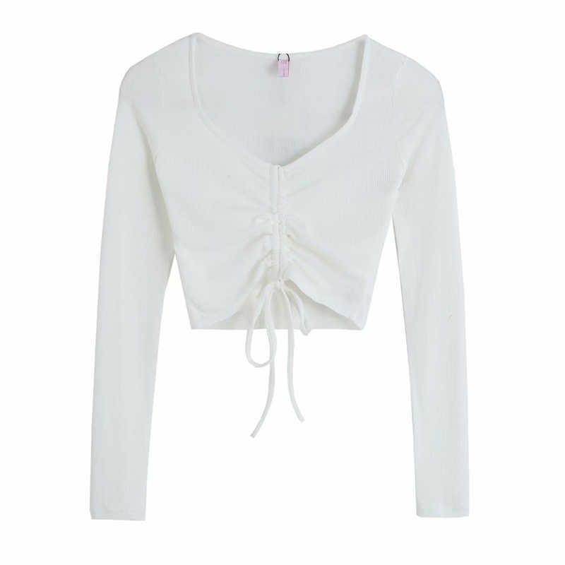 Sexy Women Sweet V-Neck Short Shirts Fashion Ladies Drawsting Knitted Tops Elegant Female Chic Solid Blouses 210527