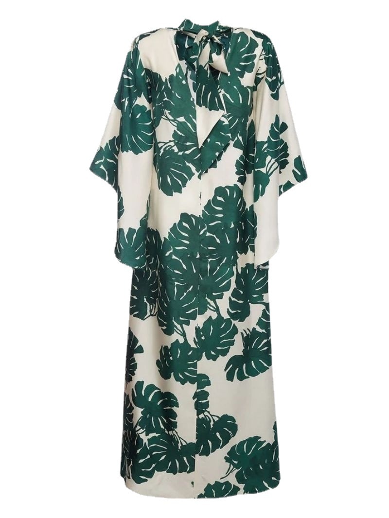 Women Dress Temperament Party es Stand Collar Flare Sleeve Printed Loose Maxi es Plus Size Summer es 210513