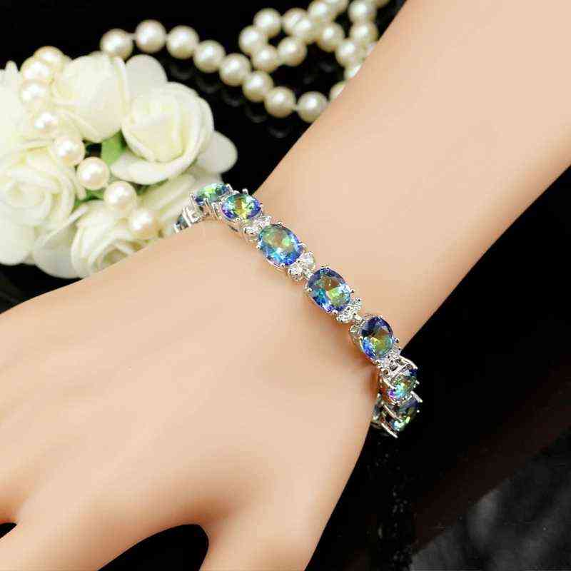 Pera Fashion Women Evening Party Jewelry Natural Light Blue Oval Rainbow Mystic Crystal Stones Bracelets for Birthday Gift B087 211124