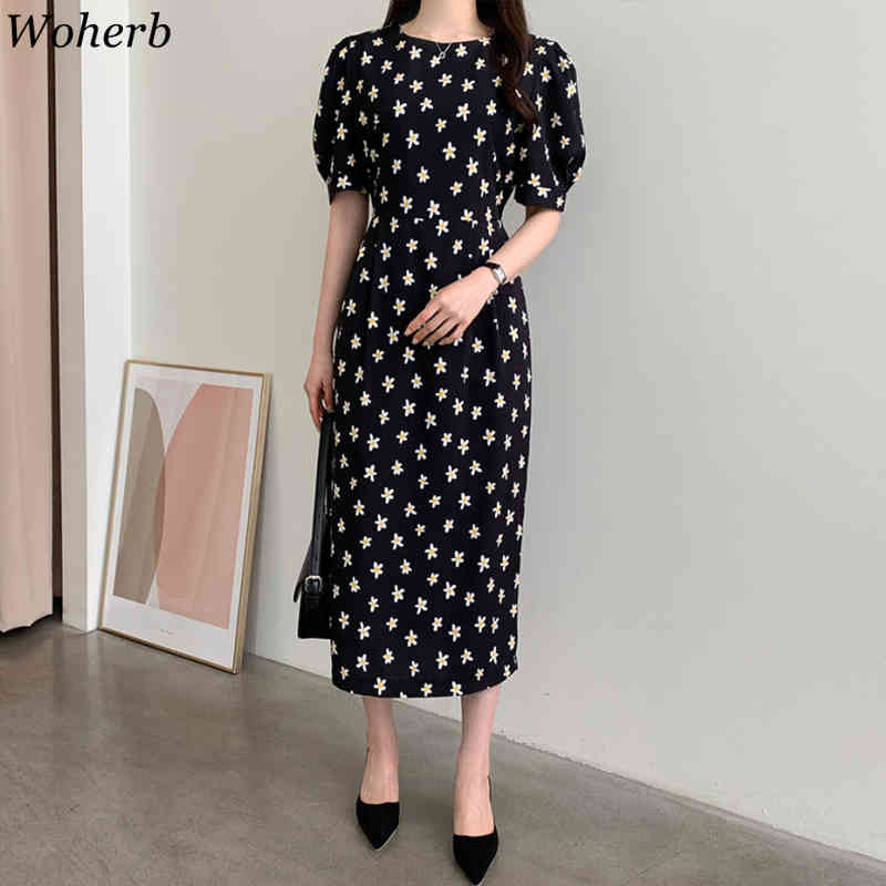 Korean Chic Summer Dresses Elegant Retro Floral Print Round Neck Puff Sleeve Long Dress Female Vestidos 210519