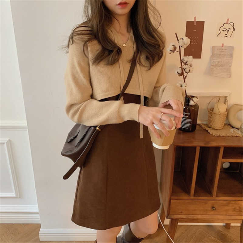 Women Spring 2piece Sets Drawstring Hooded Short Pullover Sweater + Baisc Sling Dress Korean Causal Outfits 6E649 210603