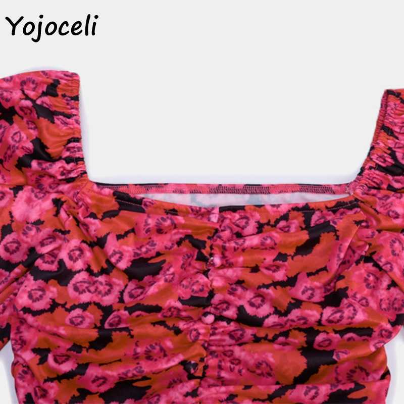 Yojoceli puff sleeve flroal print dres square neck ruffle two pieces set party club 210609