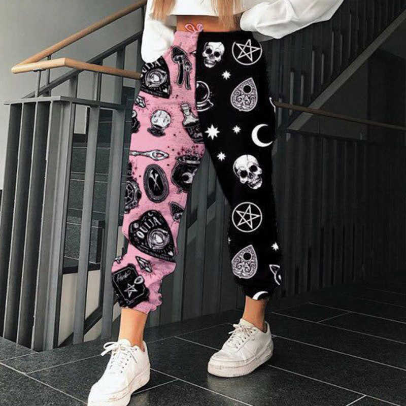 Women Casual Skull Print Patchwork Pants Autumn Elastic Waist Pocket Wide Leg Pants Female Streetwear Plus Size Warm Sweatpants 211006