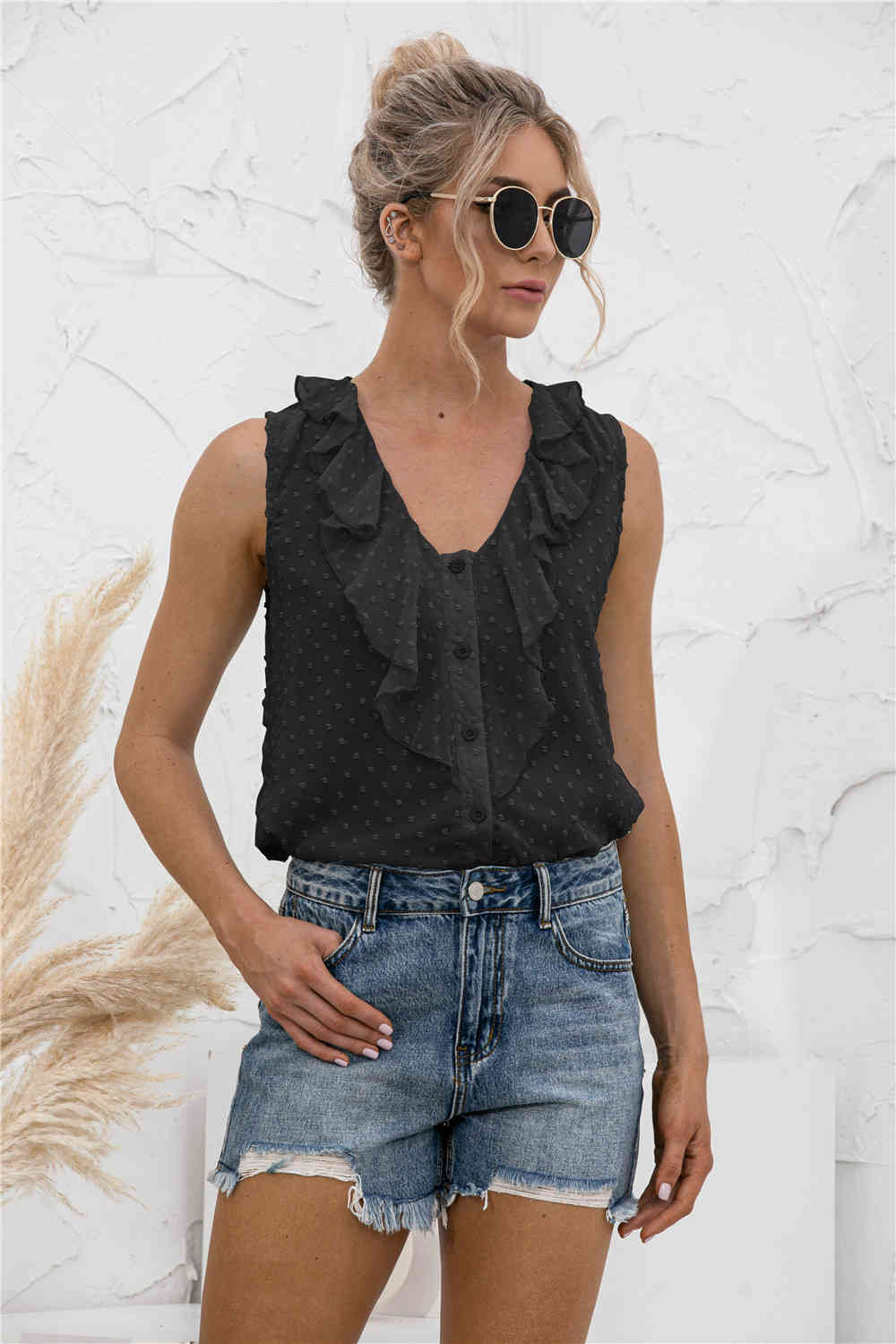 Summer Solid Ruffle Tank Tops Women Sleeveless Tee Dot Printed V Neck Button Female Vest Casual Loose Chiffon Tshirt 210522