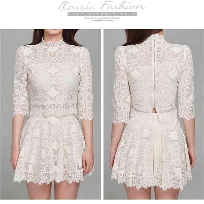Summer Two Piece Set Fashion Office OL Women Sexy Hollow Out Lace Tops + High Waist Wide leg Short Pants Suit 210519