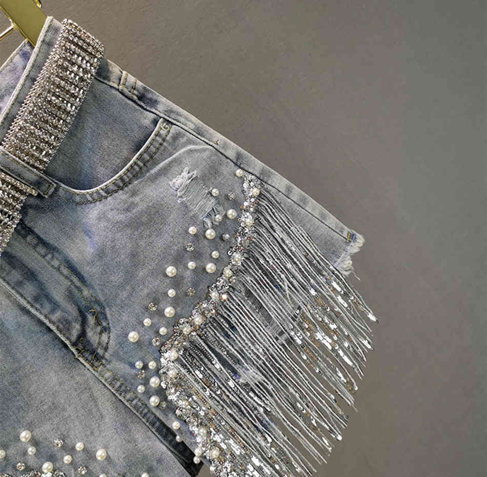 Free Female Denim Shorts Summer Wear High Waist Slimming Heavy Beaded Sequin Fringed Ripped Jeans Pants 210524
