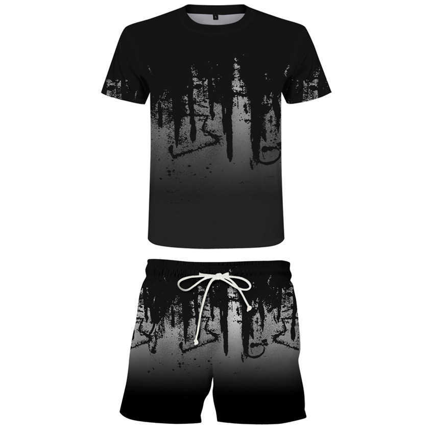 Summer Men Sets Tracksuit Short Sleeve Sportsuit Fashion Trend Well Ink Printing Tshirt + Shorts Suit Casual Wild Sportswear 6XL 210603
