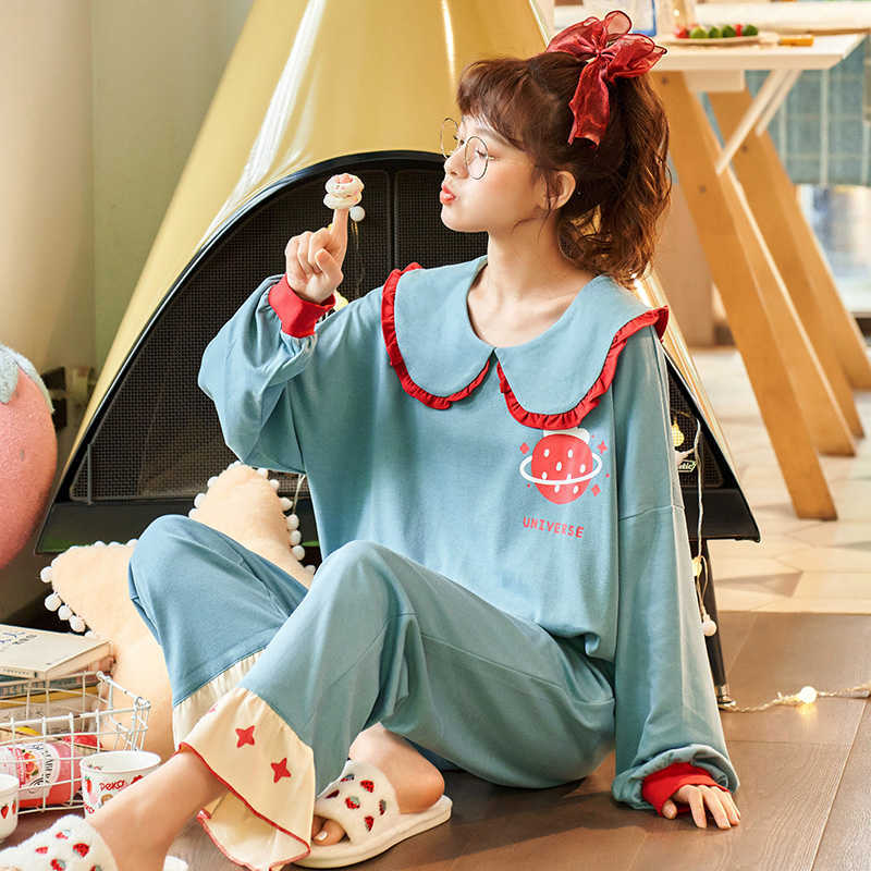 Autumn Winter Cotton Cartoon Pajamas Set Women Pyjamas Homewear Long sleeve Sleepwear Plus size Home Clothes Night suit Female 210924