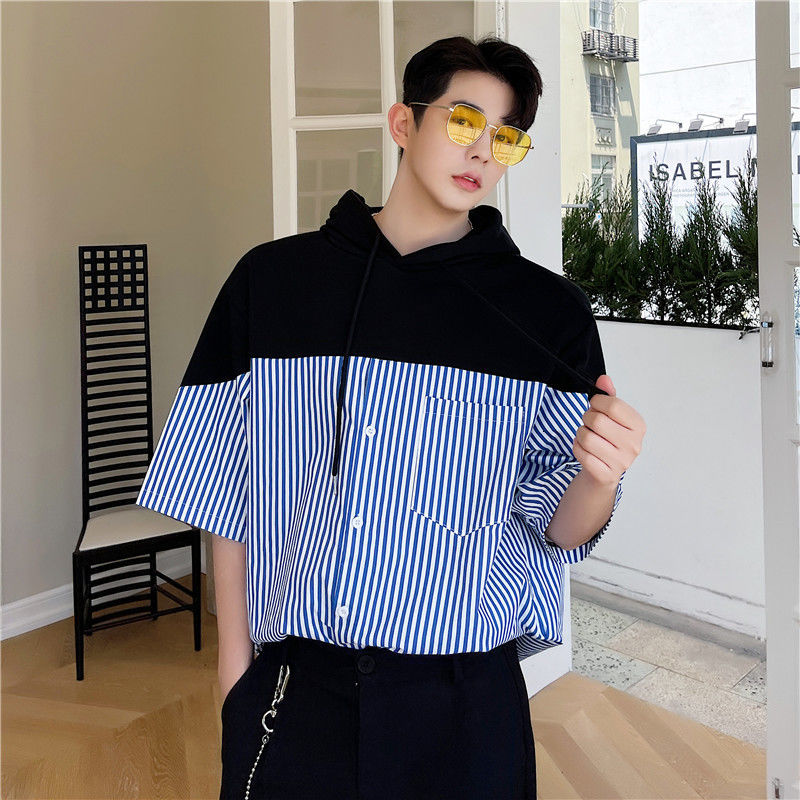 IEFB Korean Fashion Patchwork Sweatshirts Style Short Sleeve Pullovers Shirts Summer Blue Striped Oversized Tops 9Y7228 210524