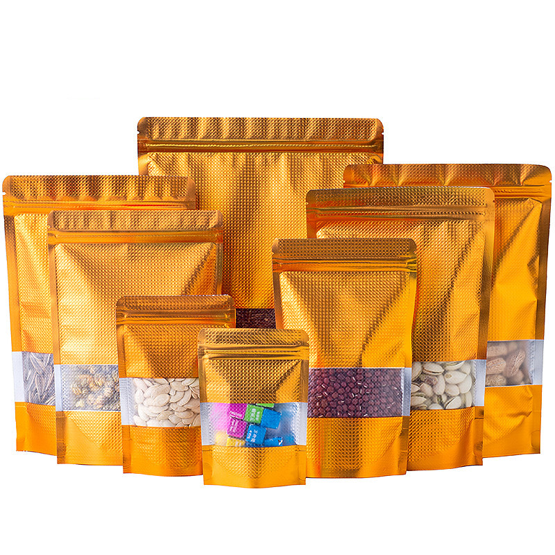 100pcs Stand up Embossed Gold Aluminum Foil Window Zipper Bag Doypack Resealable Chocolate Coffee Biscuits Snack Salt Pet Food Heat Sealing Packaging 