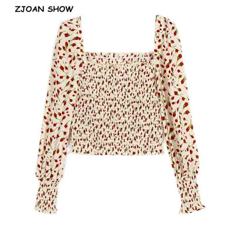 Vintage Beige Flower Rose Print Crop Shirt Women Sexy Square Neck Elastic Ruched Body Slim Fit Blouse French Elegant Tops 210429