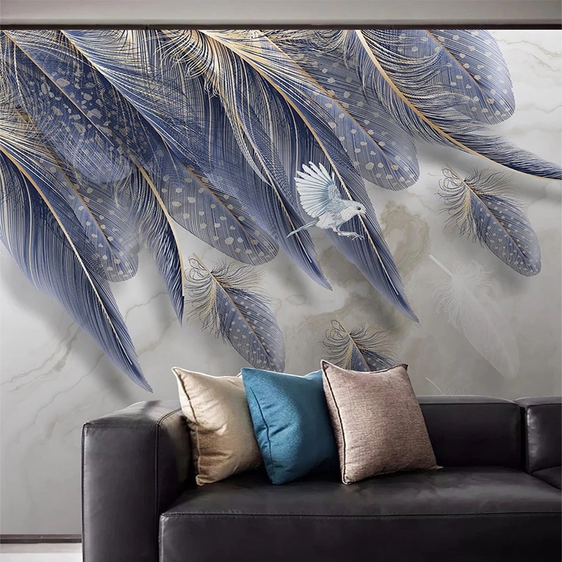 Custom Photo Wallpaper 3D Blue Feather Marble Mural Living Room TV Sofa Bedroom Creative Art Decor Waterproof