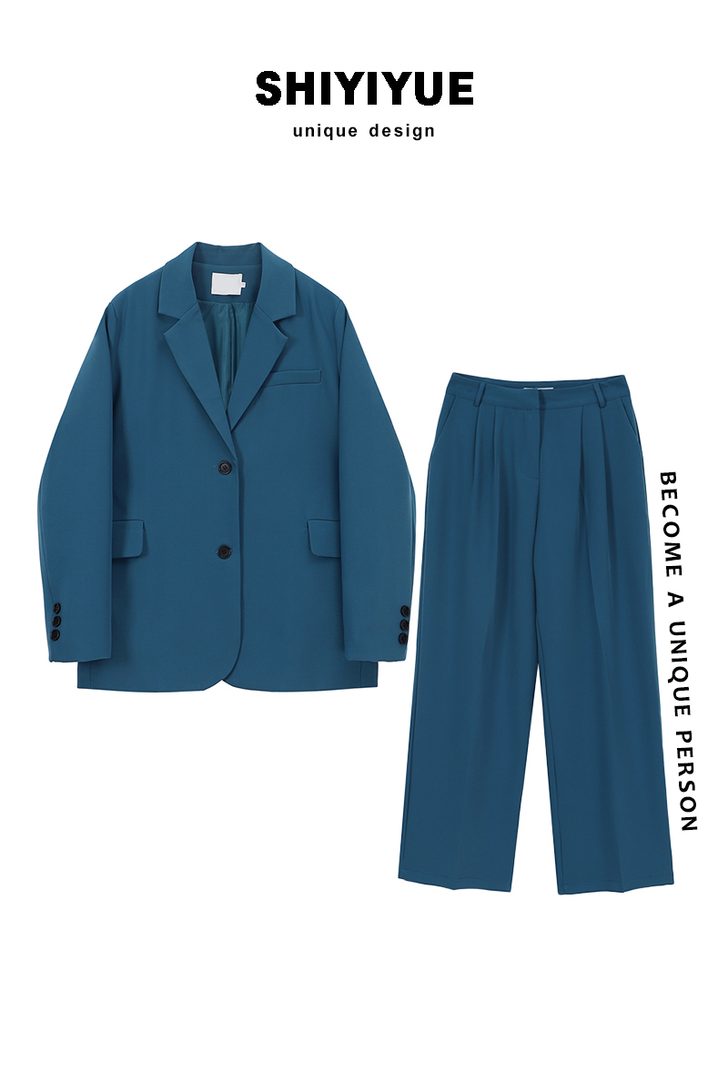 Lake Blue Jacket Female Spring Trousers Two-piece Suit Chic Blazer Double Breasted Long Sleeve Office Set 210510