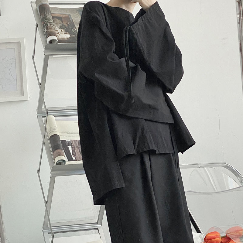 IEFB Spring Men's Wear Korean Fashion Round Neck Pullover Tops Loose Deconstruction Wrinkled Long Sleeve Shirt Loose 9Y6130 210524