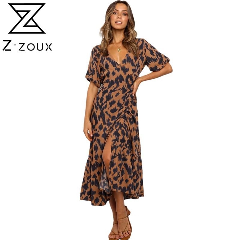 Women Dress Temperament Printed Bohemia es Sexy Long Print Floral Maxi V Neck Lace Up Split Summer es 210513