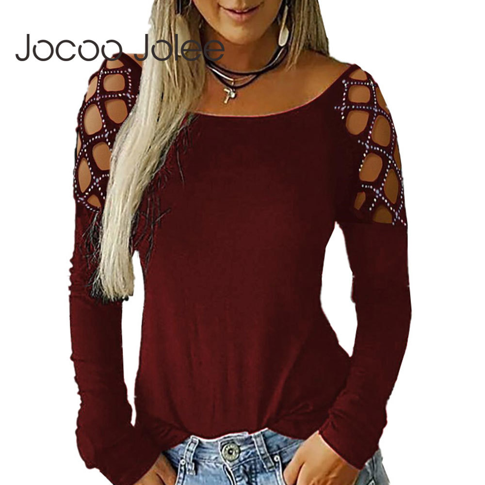 Spring Hollow Out Long Sleeve Shirt Womens Tops And Blouses Plus Size Female Tunic Crew Neck Rivet 210428