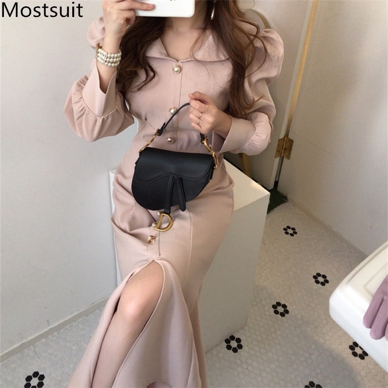 Autumn Korean Single-breasted Mermaid Dress Women Puff Sleeve Turn-down Collar Fashion Elegant Vintage Dresses Vestidos 210518, Apricot
Autumn Korean Single-breasted Mermaid Dress Women Puff Sleeve Turn-down Collar Fashion Elegant Vintage Dresses Vestidos 210518, Apricot
