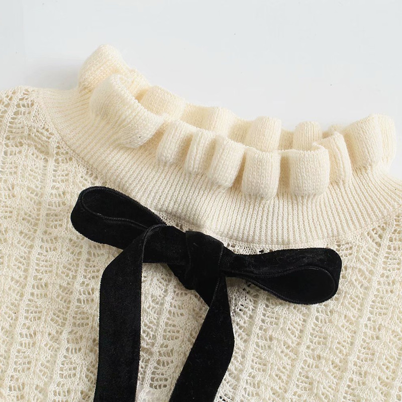 Sweet Women Ruffle Collar Knitted Sweater Spring-autumn Fashion Ladies Knitwear Cute Female Bow Decoration 210515