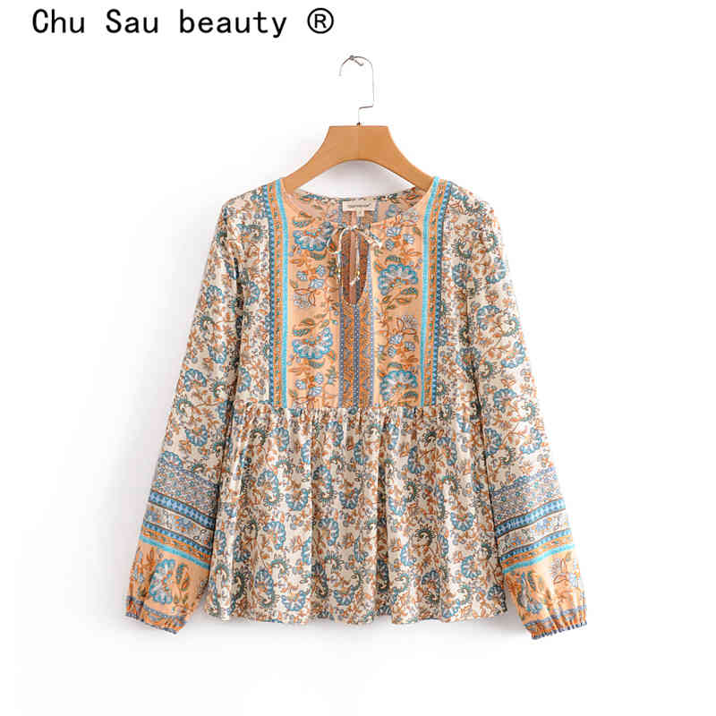 Chu Sau beauty Boho Floral Print Blouses Women Holiday Style Fashion Long Sleeve Shirts Female Camisa De Moda 210508