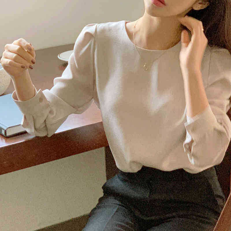Nomikuma Korean Causal Puff Long Sleeve Pullover Blouses Autumn New O-neck Women Shirts Korean Solid Blusas Femme 6D452 210427