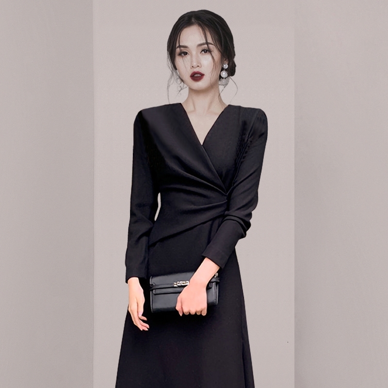 High Quality Spring Elegant Black Sexy V-Neck Dress Women Vintage Ladies Long Sleeve Party Vestidos Clothes 210520