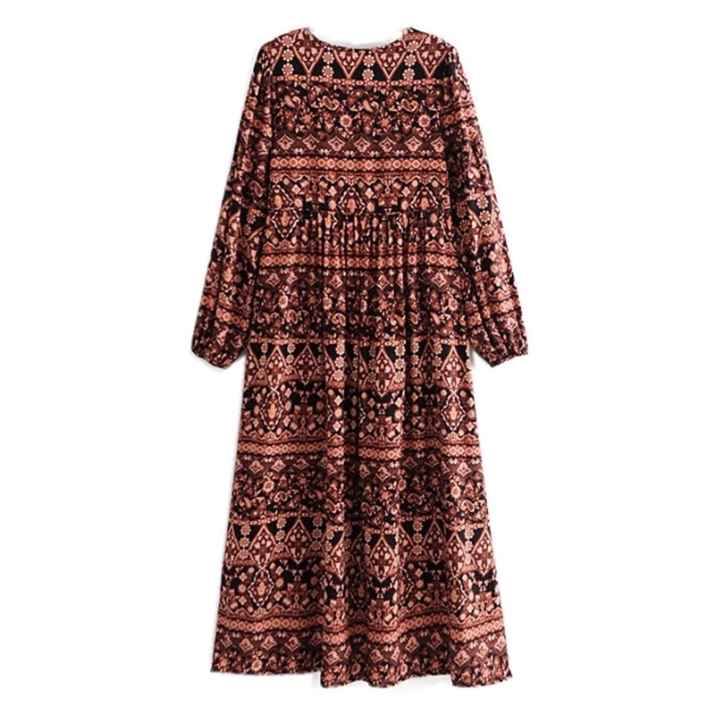 Bohemia Bandage Lacing up Collar Paisley Floral Print Dress BOHO Woman Long Sleeve Maxi Holiday Dresses Beach 210429