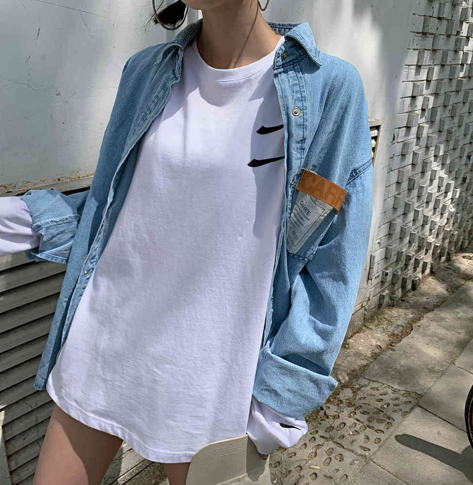 Spring Autumn Korea Fashion Women Long Sleeve Loose Denim Shirts Coat Vintage Blue Casual Turn-down Collar Blouse V39 210512