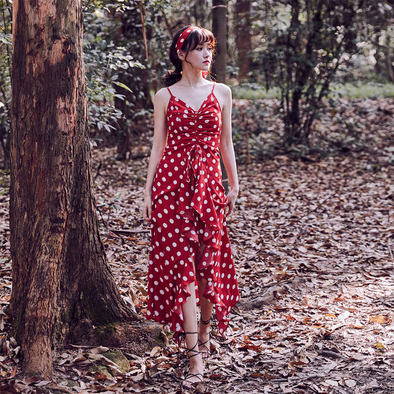 France Elegant Women Dress Red Dot White V-neck Slit Asymmetric Empire Long Dresses Vacation Beachwear 210608
France Elegant Women Dress Red Dot White V-neck Slit Asymmetric Empire Long Dresses Vacation Beachwear 210608