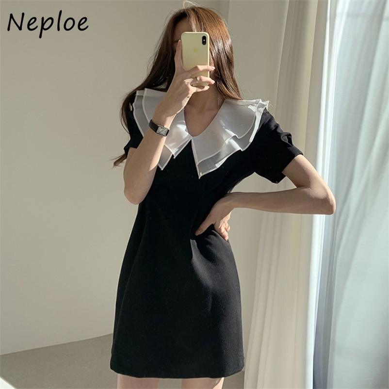Hit Color Peter Pan Collar Short Sleeve Dress Women High Waist Hip A Line Vestidos Summer Slim Robe All Match 210422
