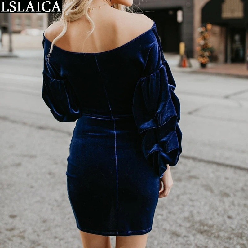 Fashion Night Dress Long Sleeve V Neck Sexy Elegant Velvet Women Off Shoulder Solid Evening Party Club Mini Female 210515