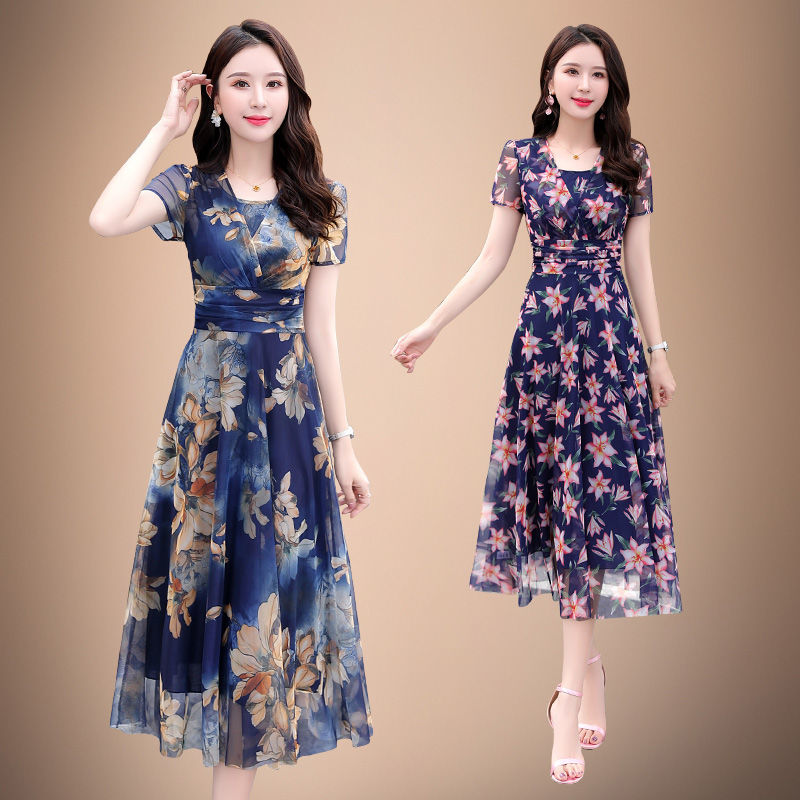 Muyoms Summer 4 Colors Elegant Dress Printed Short Sleeve Zipper Waistband V-neck Mother Chiffon Party Dresses Cocktail Dresses