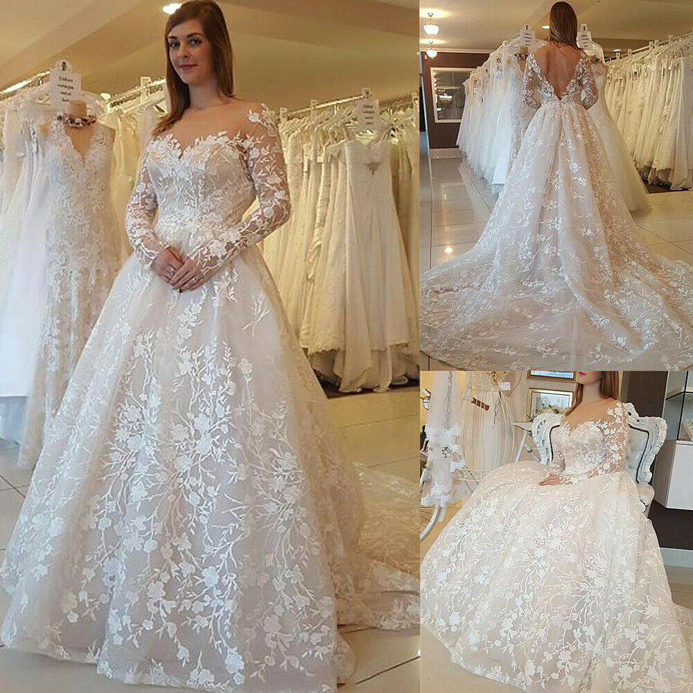 Long Sleeve A Line Lace Wedding Dresses Tulle Appliques Backless Sweep Train