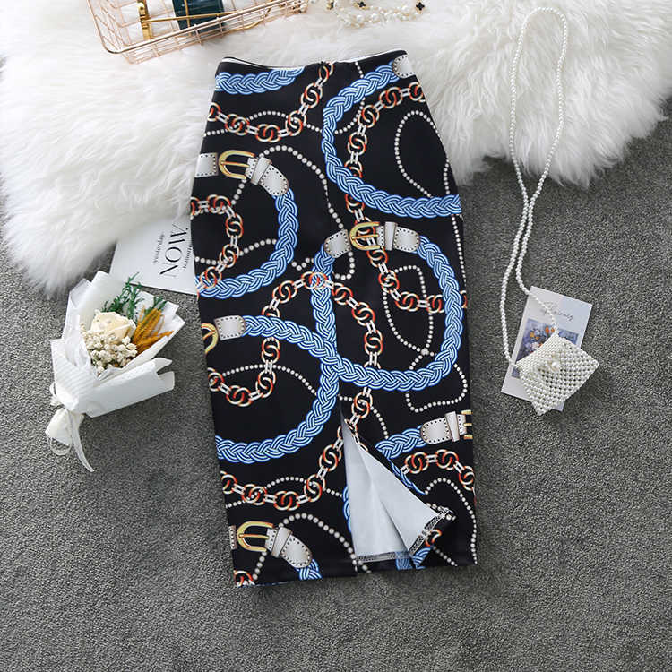 Women's Pencil Skirt Summer Graffiti Fashion Chain Print High Waist Stretch Ladies Slim Skirts Large Size Female Falda 210621