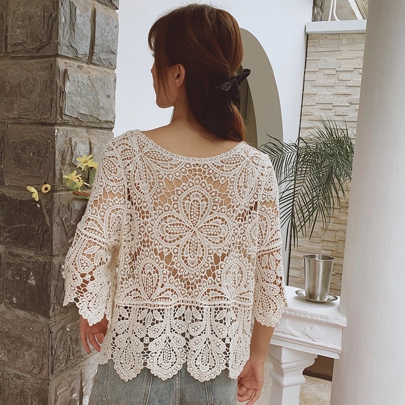 Summer Hollow Out Lace Shirt Women Hook Flower Top Female Women's Short Sleeve Blouse Sunscreen blusas 14127 210427