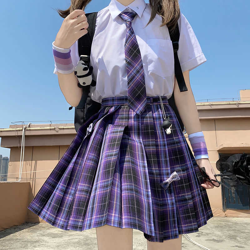 Women Purple Black Goth Pleated Plaid Skirt Glir High Waist Mini Sexy Skirts Japanese School Harajuku Cosplay Anime Sailor Suit 210621