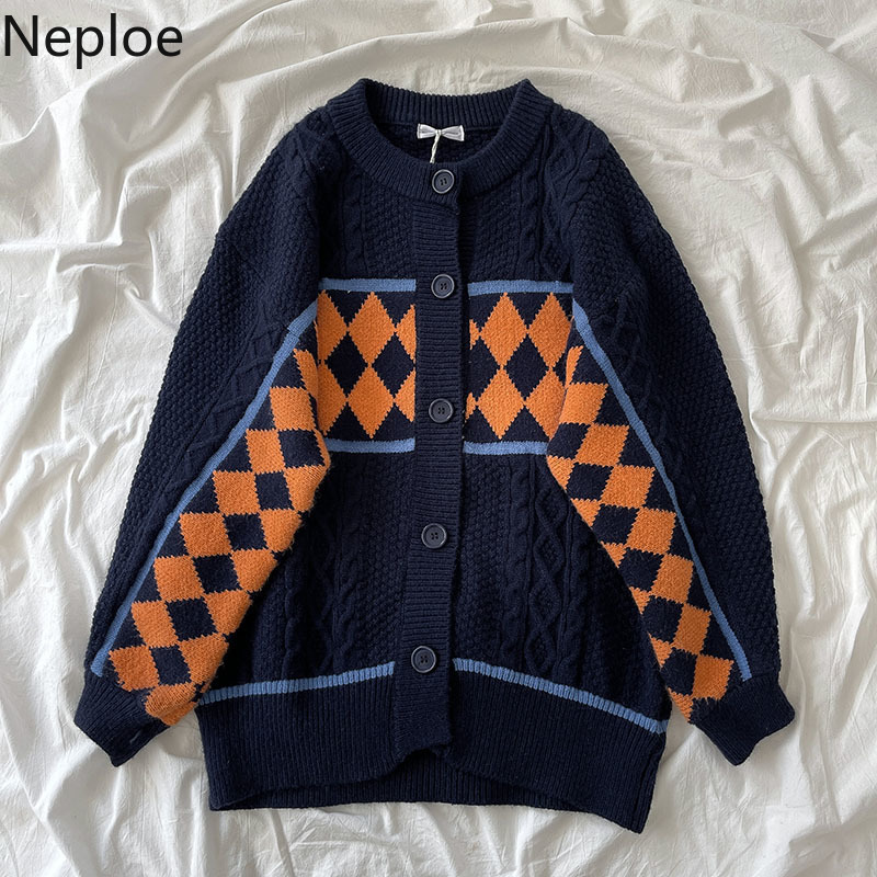 Neploe Sweaters for Women Winter Clothes Knitted Plaid Casual Cardigan O-neck Long Sleeve Loose Sueter Coat Female 4H095 210422