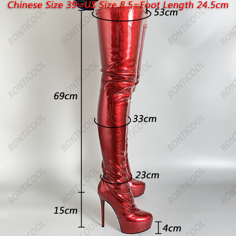 Rontic Women Winter Thigh Boots Waterproof Full Side Zipper Stiletto Heels Round Toe Pretty Red Party Shoes Us Size 5-20