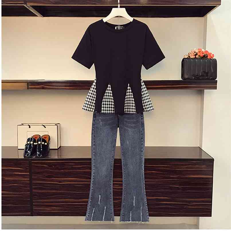 Fashion Plaid Patchwork Ruffled hem Irregular Short-sleeved Cotton Tshirt Two piece Sets Women's Summer Flare Denim Pants Suits 210602, Only tshirt
Fashion Plaid Patchwork Ruffled hem Irregular Short-sleeved Cotton Tshirt Two piece Sets Women's Summer Flare Denim Pants Suits 210602, Only tshirt