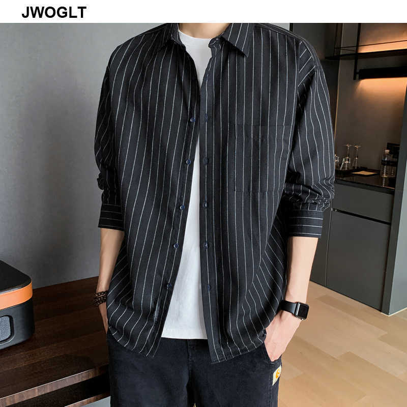 Men's Striped Shirts Button-Down Shirt Chest Pocket Casual Standard Fit Black Navy Gray Long Sleeve Cotton Shirts 4XL 5XL 210528