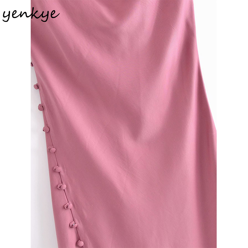 Summer Sexy Sling Dress Women Solid Color Satin Side Button Slits Long Female Night Out Vestido 210430