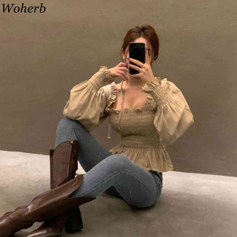 Square Collar Blouse Women Ruffle Pleated Blusas Elastic Waist Lace-up Fashion Blouses Elegant Lantern Sleeve Crop Tops 210519