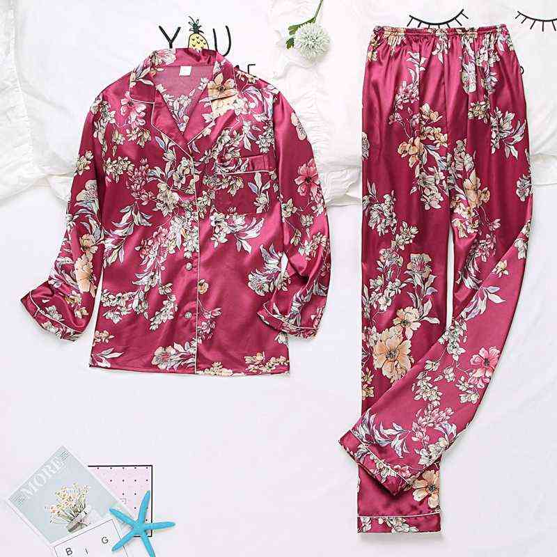 Autumn Winter Print Pattern Women Pajama Set Satin Silk Turn-down Collar Pajamas Sleepwear Long Sleeve Trousers Two Paper Suit 211112