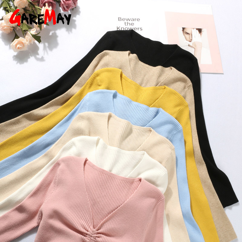 Lace Up Sweater Women Long Sleeve Short Knitted s White V Neck Ribbed Cropped Jumper Spring Pullover 210428