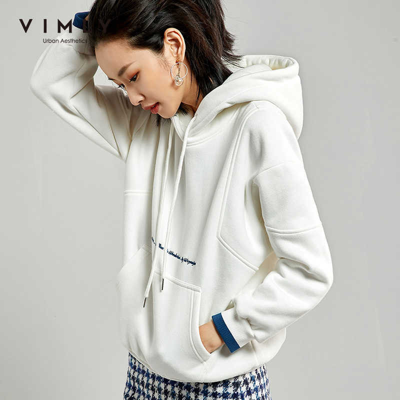 Vimly Women Hoodies Winter Fashion Hooded Letter Pockets Thick Clothing Loose Casual Sweatshirt Female Pullover Tops 98757 210910